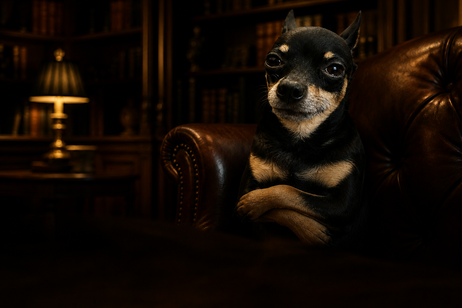 Mr. Nonchalant sitting with paws crossed in a study